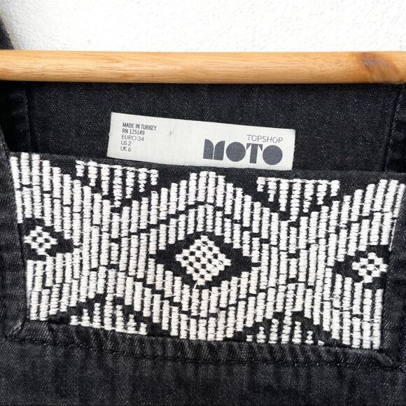 Topshop Moto Black Boho Geometric Embroidered Mini Dress Size 2 - Picture 8 of 12